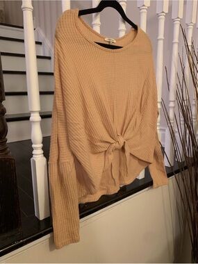 Cozy Casual Beige Knot-Front Waffle Tunic